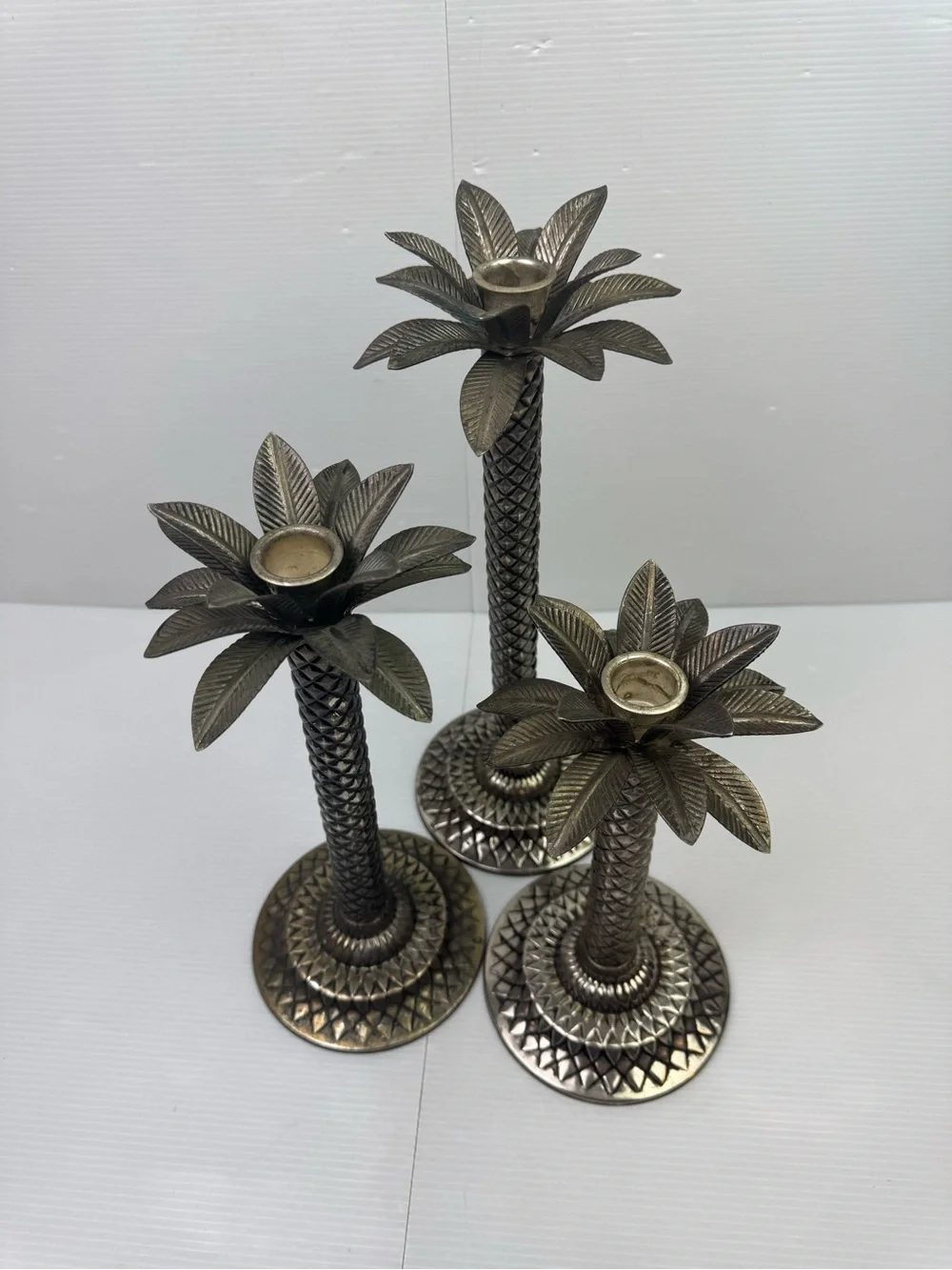 Vintage Silver Palm Tree Candlestick Holders – Tropical Coastal Decor Set